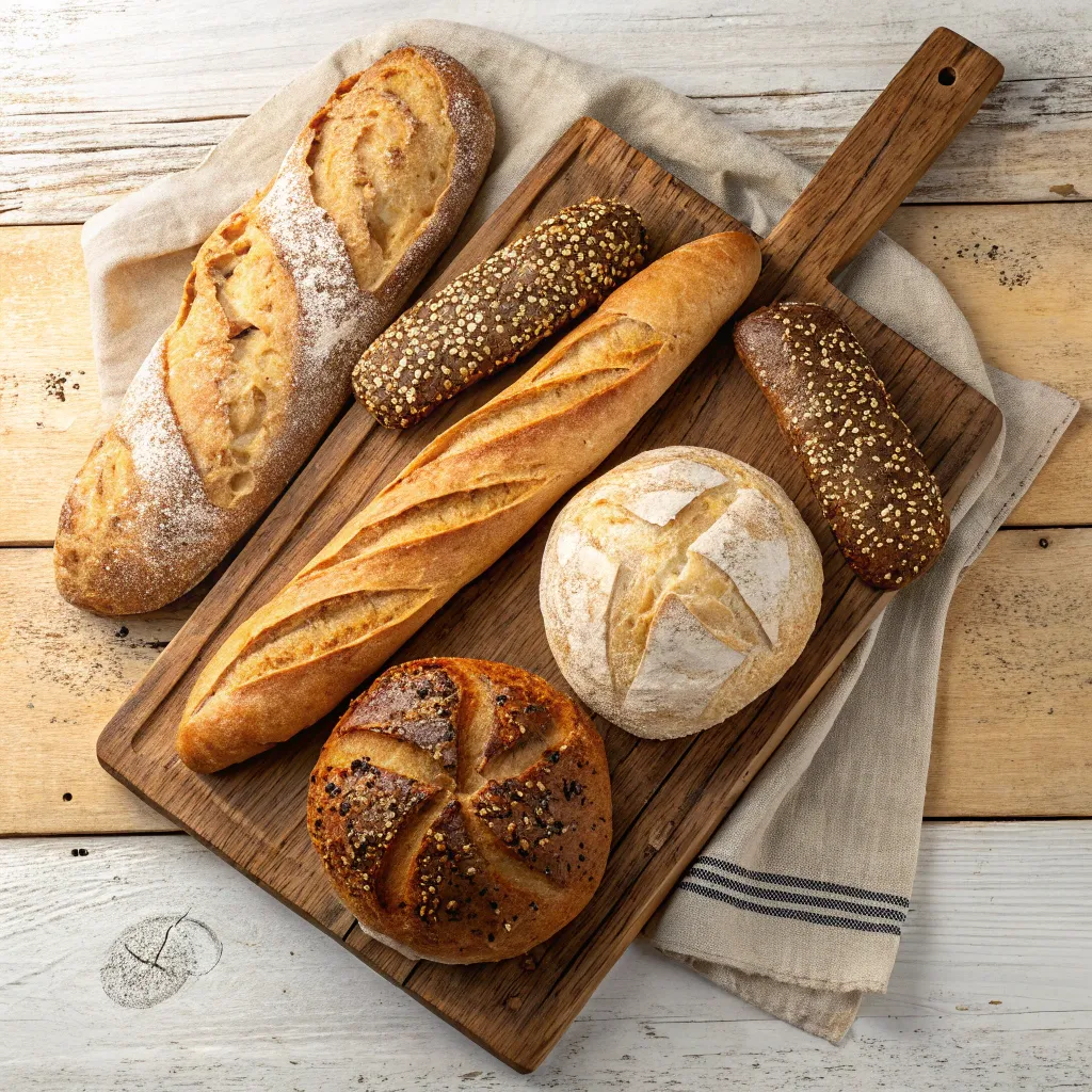 Assorted artisanal breads arranged on a wooden board